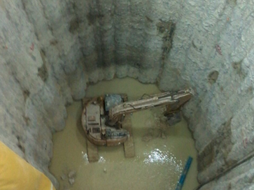 Despite of high water level and congested area we succeeded to  excavate the required depths 40 meter . Cranes used to lower the 20 tons machines