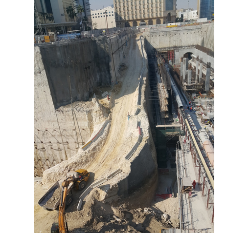 Gold line  excavation process preformed in two stages . depth for stage two -47 meter.